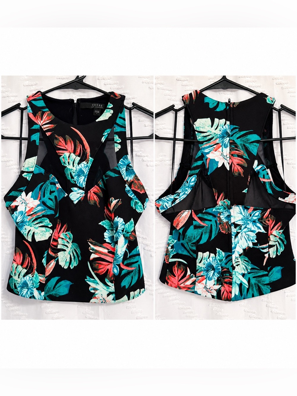 Guess Women's Black, Coral and Teal Floral crop Top
